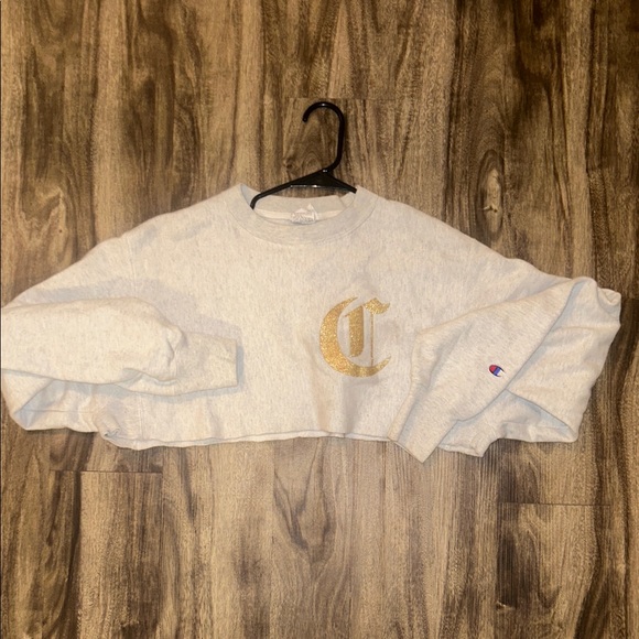 Champion Light Gray Cropped Sweatshirt with Gold Logo - Picture 1 of 2